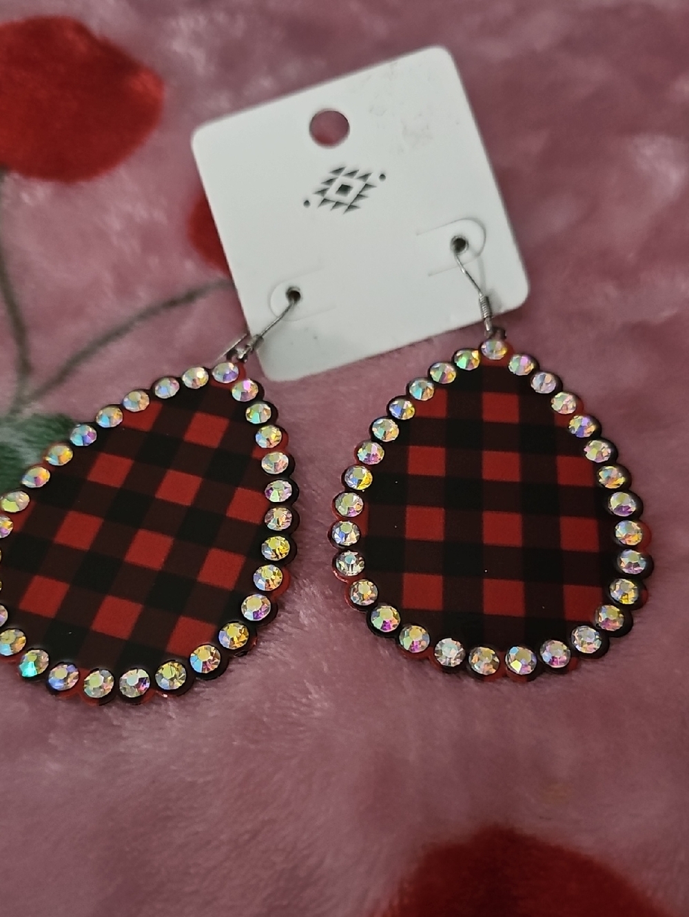 Red Buffalo Plaid Teardrop Earrings with Crystal Border - Women Jewelry